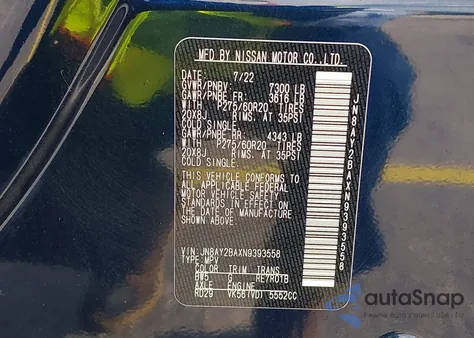 2022 Nissan Armada Sl 2Wd z USA, uszkodzony, nr VIN JN8AY2BAXN9393558